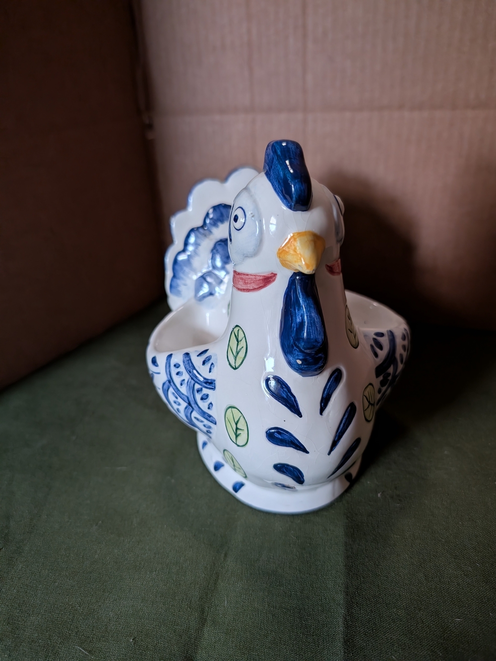 Decorative Ceramic Hen Napkin & Shaker Holder in White and Blue